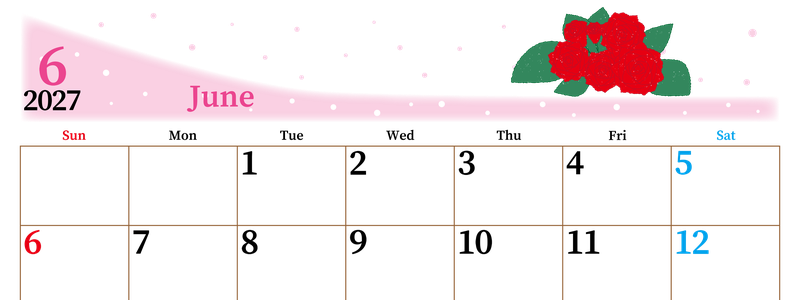 2027年6月横型の日曜始まり 薔薇イラストのおしゃれA4無料カレンダー