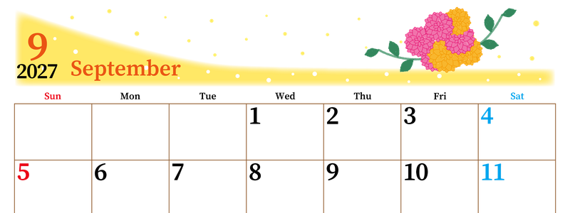 2027年9月横型の日曜始まり マリーゴールドがおしゃれなイラストA4無料カレンダー