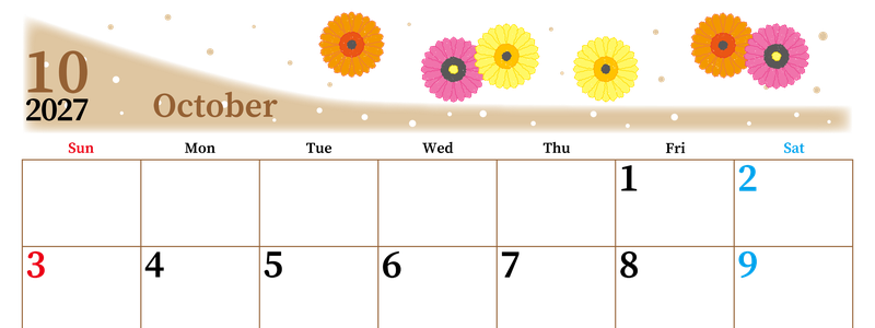 2027年10月横型の日曜始まり ダリアの花イラストのおしゃれA4無料カレンダー