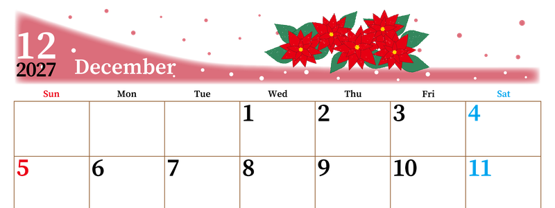 2027年12月横型の日曜始まり ポインセチアがおしゃれなイラストA4無料カレンダー