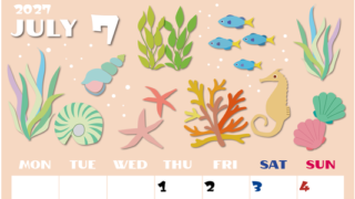 2027年7月縦型の月曜始まり 海の生き物イラストがかわいいA4無料カレンダー