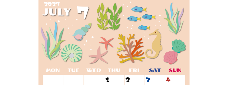 2027年7月縦型の月曜始まり 海の生き物イラストがかわいいA4無料カレンダー