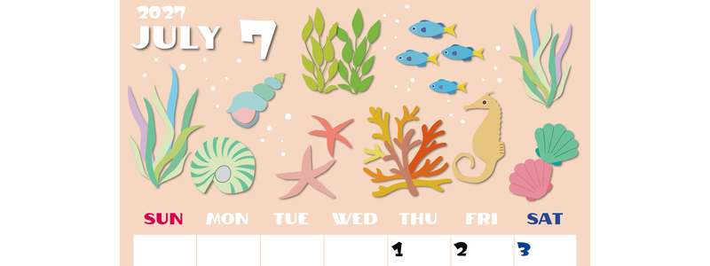 2027年7月縦型の日曜始まり 海の生き物イラストがかわいいA4無料カレンダー