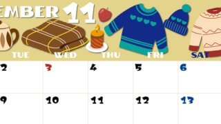 2027年11月横型の月曜始まり セーターがかわいいイラストA4無料カレンダー
