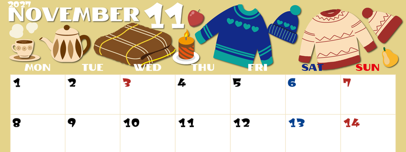 2027年11月横型の月曜始まり セーターがかわいいイラストA4無料カレンダー