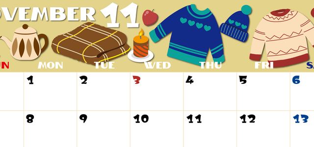 2027年11月横型の日曜始まり セーターがかわいいイラストA4無料カレンダー