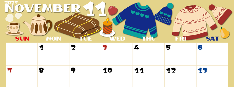 2027年11月横型の日曜始まり セーターがかわいいイラストA4無料カレンダー