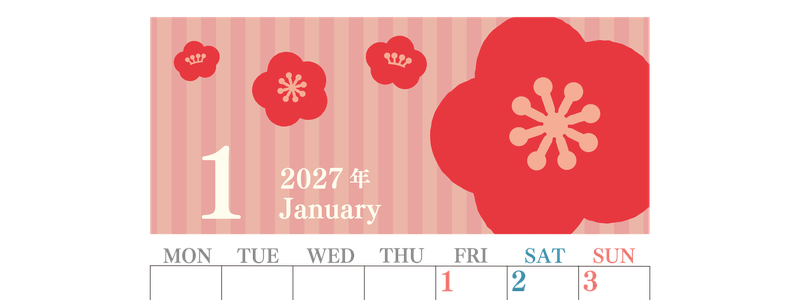 2027年1月縦型の月曜始まり 丸い花のイラストのおしゃれA4無料カレンダー