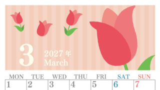 2027年3月縦型の月曜始まり 季節の花イラストのおしゃれA4無料カレンダー