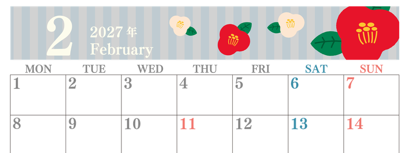 2027年2月横型の月曜始まり 赤白椿のイラストがおしゃれA4無料カレンダー