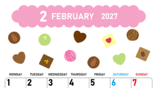 2027年2月縦型の月曜始まり チョコのイラストがかわいいA4無料カレンダー