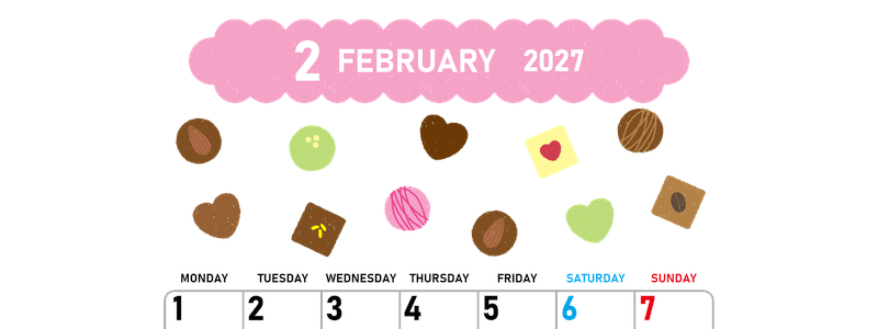 2027年2月縦型の月曜始まり チョコのイラストがかわいいA4無料カレンダー