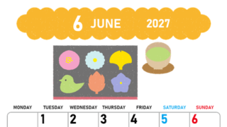2027年6月縦型の月曜始まり 和菓子イラストのかわいいA4無料カレンダー