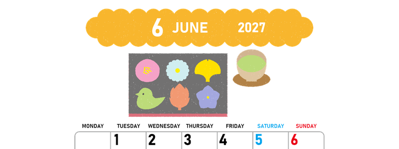 2027年6月縦型の月曜始まり 和菓子イラストのかわいいA4無料カレンダー