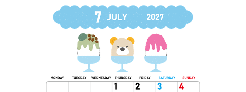 2027年7月縦型の月曜始まり かき氷イラストのかわいいA4無料カレンダー