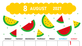 2027年8月縦型の月曜始まり 季節の果物イラストのかわいいA4無料カレンダー
