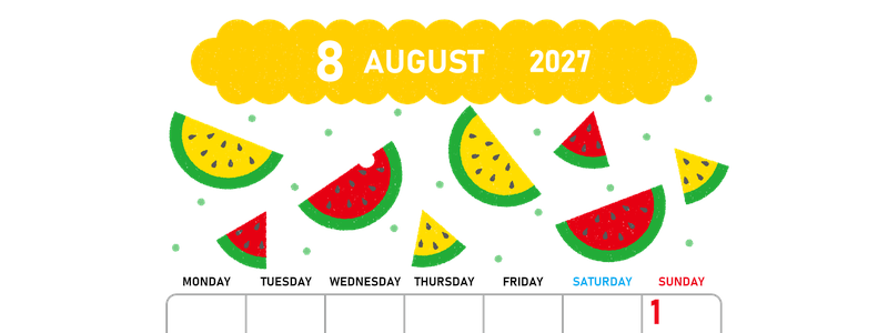 2027年8月縦型の月曜始まり 季節の果物イラストのかわいいA4無料カレンダー
