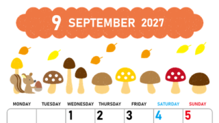 2027年9月縦型の月曜始まり 秋の季節イラストがかわいいA4無料カレンダー