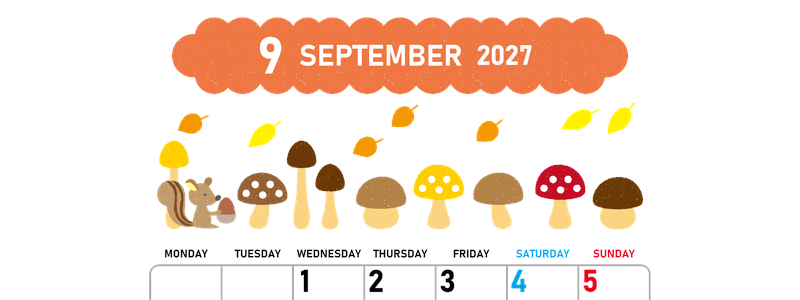 2027年9月縦型の月曜始まり 秋の季節イラストがかわいいA4無料カレンダー