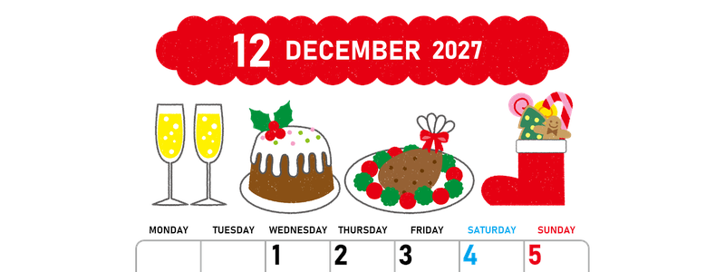 2027年12月縦型の月曜始まり 御馳走イラストのかわいいA4無料カレンダー