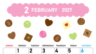 2027年2月縦型の日曜始まり チョコのイラストがかわいいA4無料カレンダー