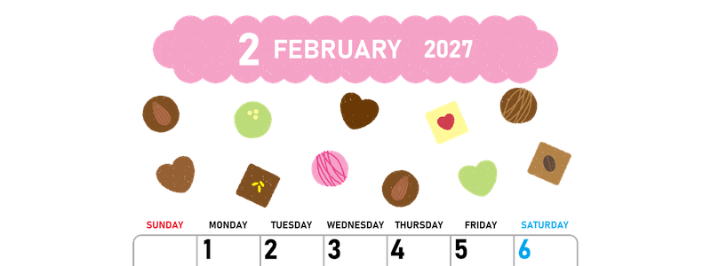 2027年2月縦型の日曜始まり チョコのイラストがかわいいA4無料カレンダー