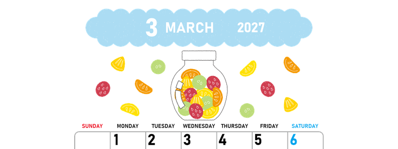 2027年3月縦型の日曜始まり 果物イラストのかわいいA4無料カレンダー