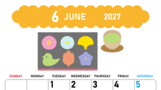 2027年6月縦型の日曜始まり 和菓子イラストのかわいいA4無料カレンダー