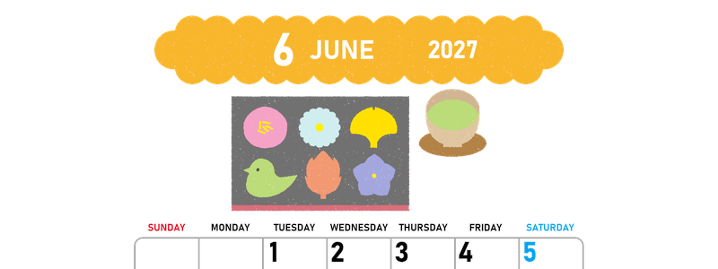 2027年6月縦型の日曜始まり 和菓子イラストのかわいいA4無料カレンダー