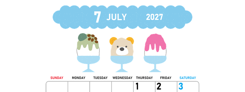 2027年7月縦型の日曜始まり かき氷イラストのかわいいA4無料カレンダー