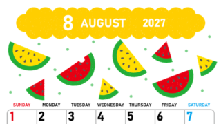 2027年8月縦型の日曜始まり 季節の果物イラストのかわいいA4無料カレンダー