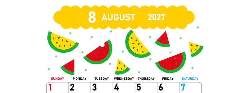 2027年8月縦型の日曜始まり 季節の果物イラストのかわいいA4無料カレンダー