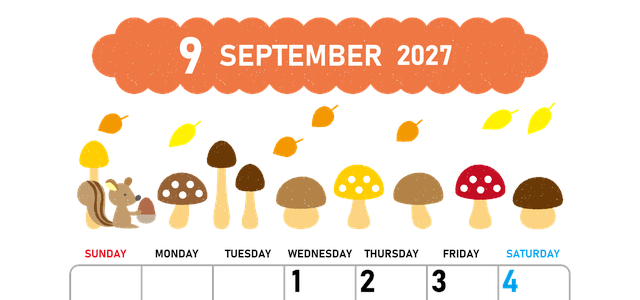 2027年9月縦型の日曜始まり 秋の季節イラストがかわいいA4無料カレンダー
