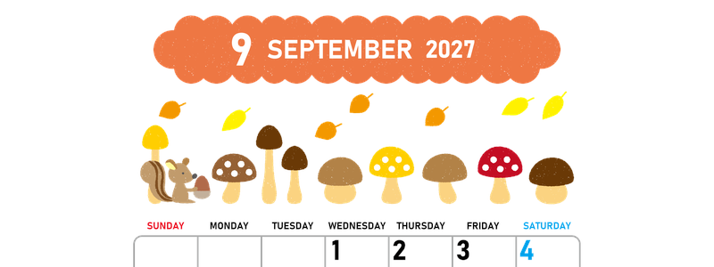 2027年9月縦型の日曜始まり 秋の季節イラストがかわいいA4無料カレンダー