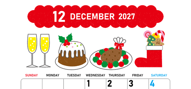 2027年12月縦型の日曜始まり 御馳走イラストのかわいいA4無料カレンダー