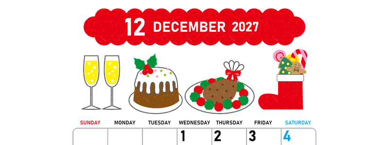 2027年12月縦型の日曜始まり 御馳走イラストのかわいいA4無料カレンダー