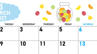 2027年3月横型の月曜始まり 果物イラストのかわいいA4無料カレンダー