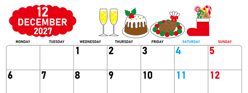 2027年12月横型の月曜始まり 御馳走イラストのかわいいA4無料カレンダー