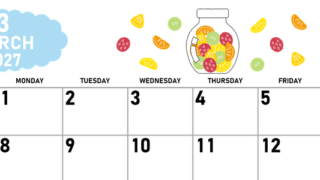 2027年3月横型の日曜始まり 果物イラストのかわいいA4無料カレンダー