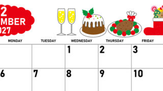 2027年12月横型の日曜始まり 御馳走イラストのかわいいA4無料カレンダー