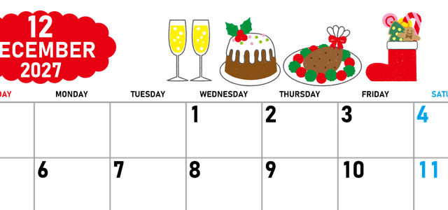 2027年12月横型の日曜始まり 御馳走イラストのかわいいA4無料カレンダー
