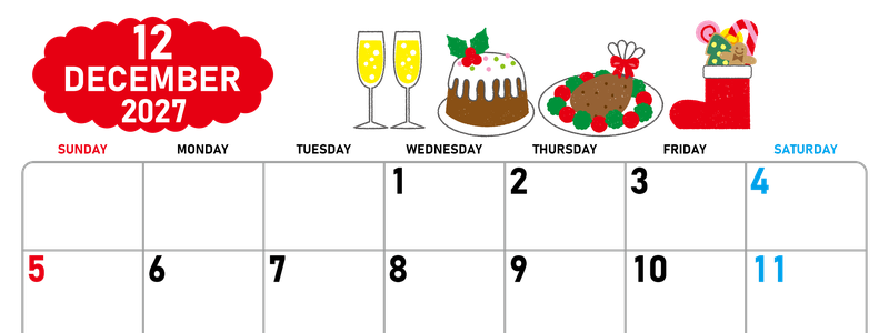 2027年12月横型の日曜始まり 御馳走イラストのかわいいA4無料カレンダー