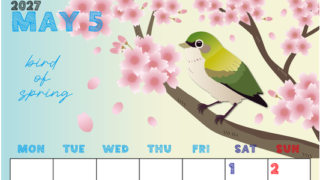 2027年5月縦型の月曜始まり 鶯と桜イラストのかわいいA4無料カレンダー