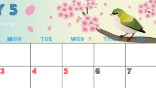 2027年5月横型の日曜始まり 鶯と桜イラストのかわいいA4無料カレンダー