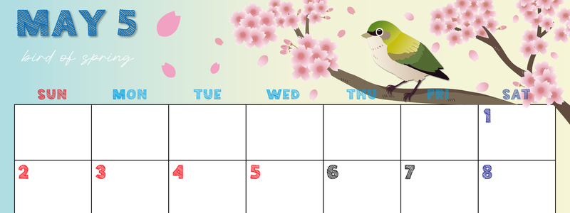 2027年5月横型の日曜始まり 鶯と桜イラストのかわいいA4無料カレンダー