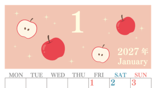 2027年1月縦型の月曜始まり りんごイラストのかわいいA4無料カレンダー