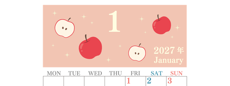 2027年1月縦型の月曜始まり りんごイラストのかわいいA4無料カレンダー