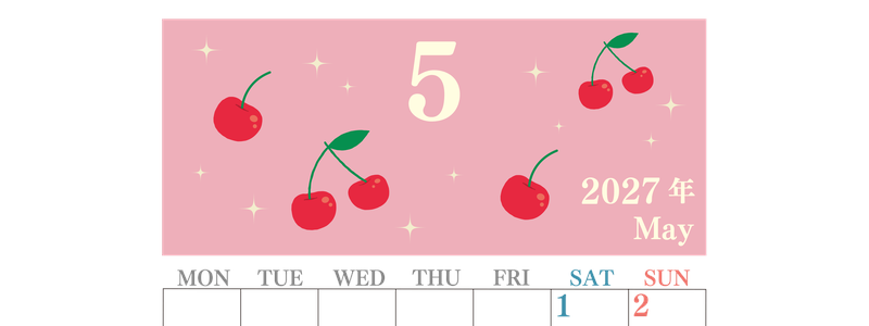 2027年5月縦型の月曜始まり さくらんぼイラストのかわいいA4無料カレンダー