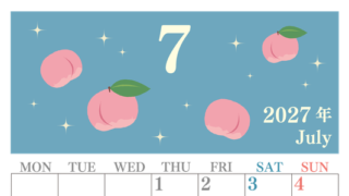 2027年7月縦型の月曜始まり 桃のイラストがかわいいA4無料カレンダー