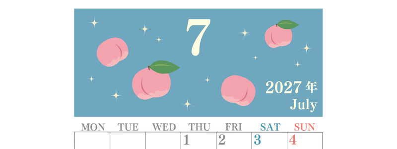 2027年7月縦型の月曜始まり 桃のイラストがかわいいA4無料カレンダー